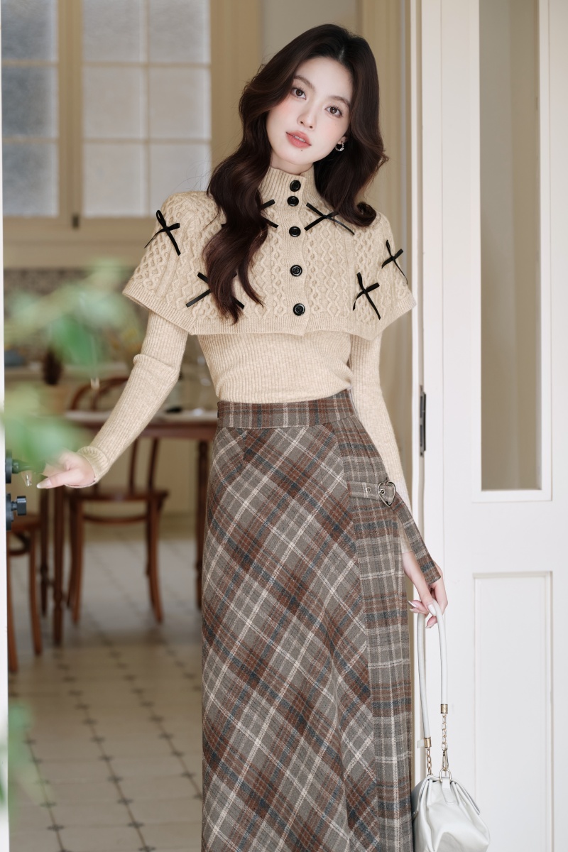 Plaid sweater sueding skirt a set