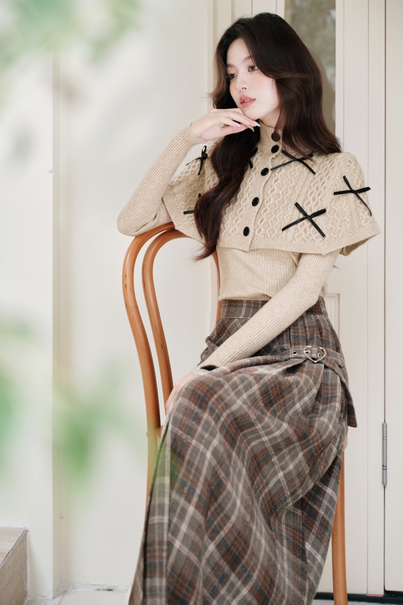 Plaid sweater sueding skirt a set