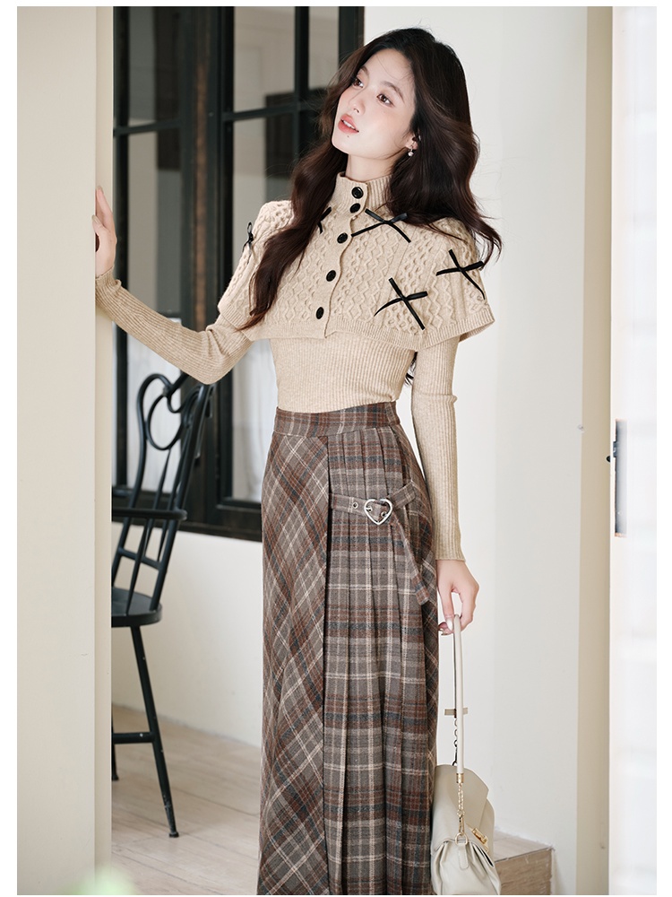 Plaid sweater sueding skirt a set