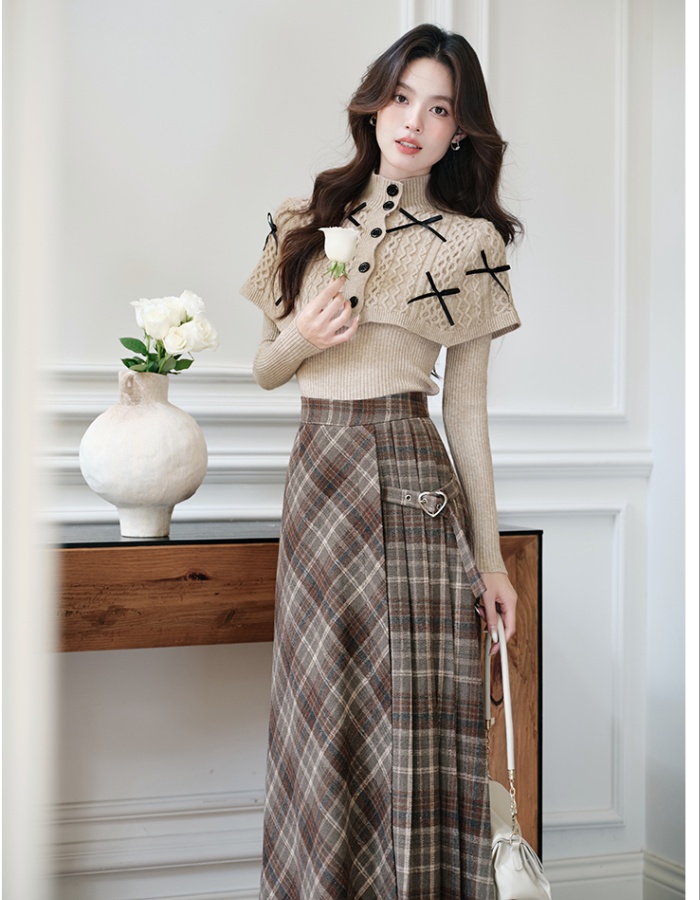 Plaid sweater sueding skirt a set