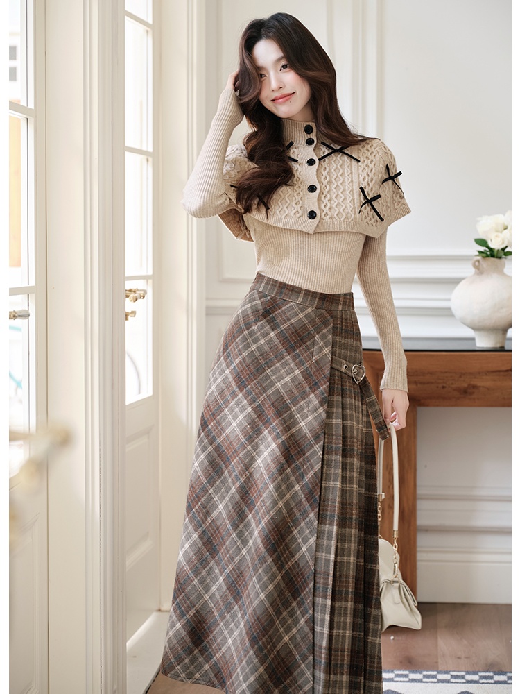 Plaid sweater sueding skirt a set