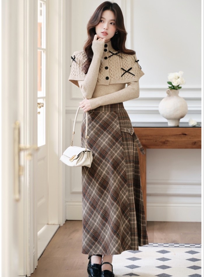 Plaid sweater sueding skirt a set
