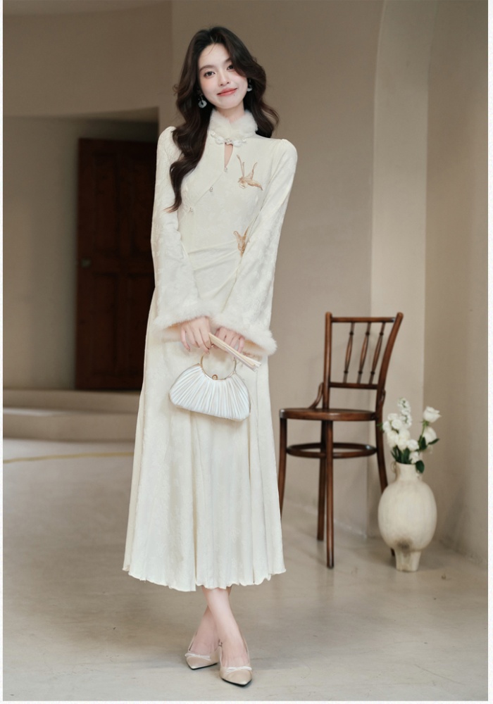 Thick cheongsam white dress