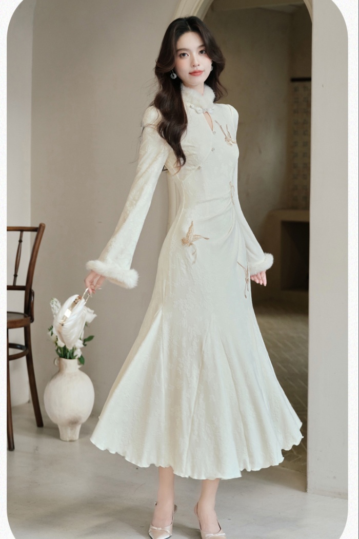 Thick cheongsam white dress