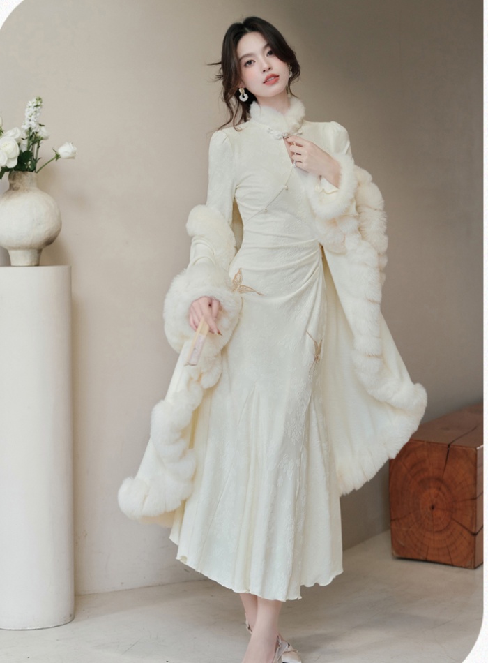 White coat thick dress 2pcs set