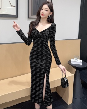 Golden velvet long sleeve dress long formal dress