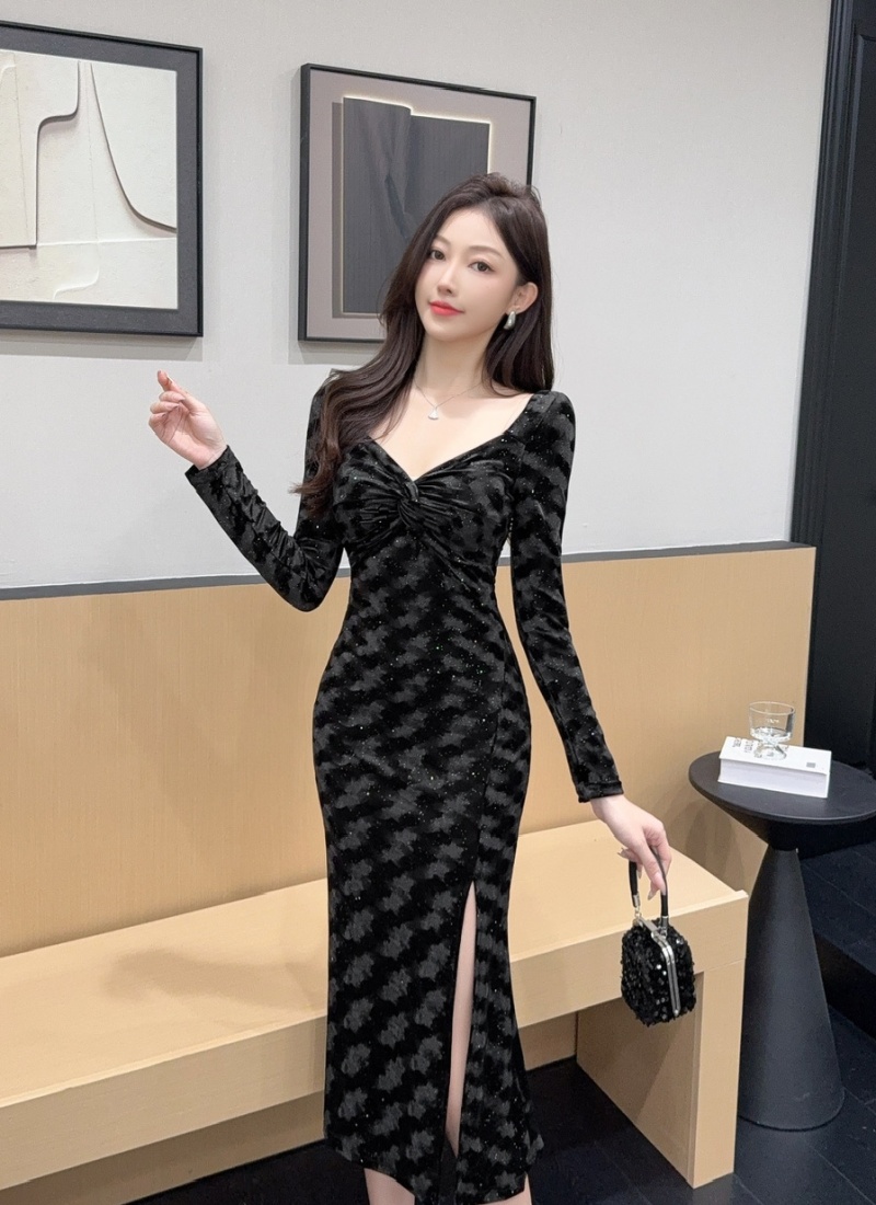 Golden velvet long sleeve dress long formal dress