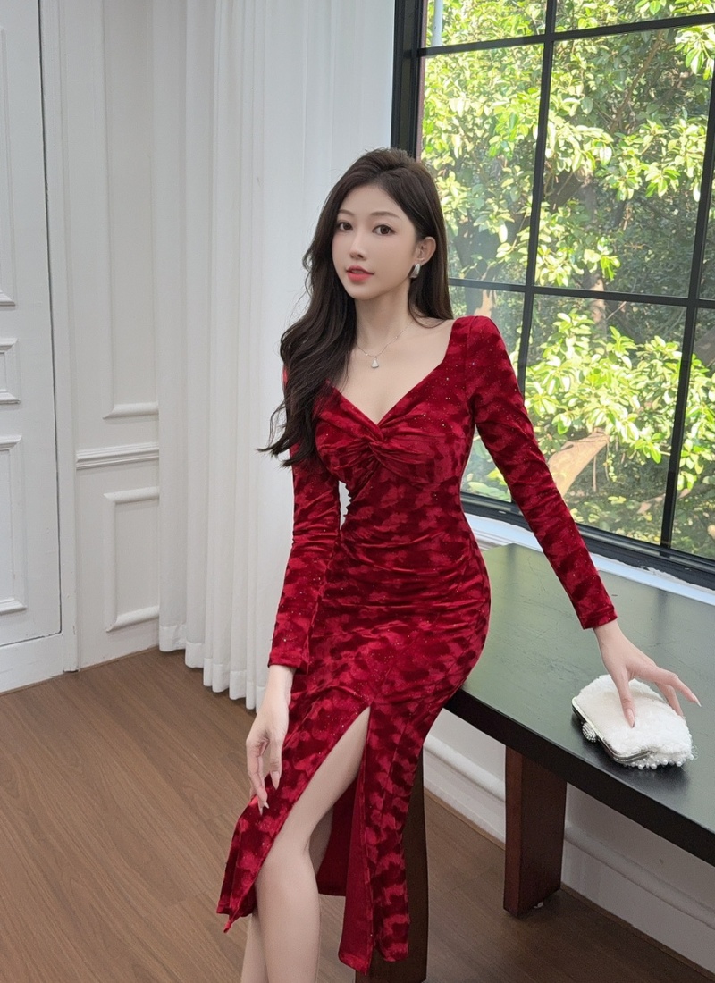 Golden velvet long sleeve dress long formal dress