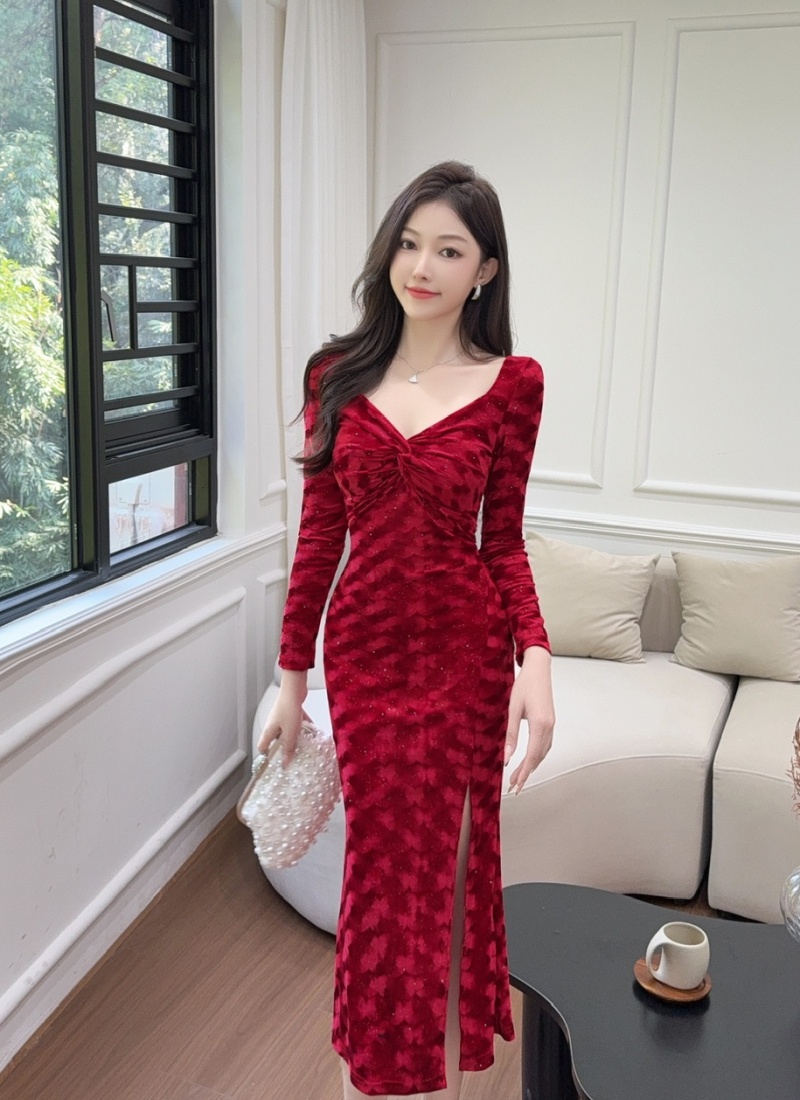 Golden velvet long sleeve dress long formal dress