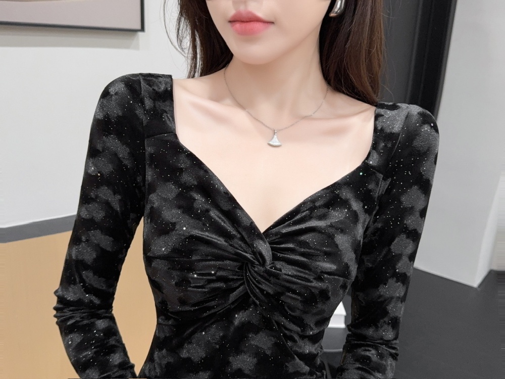 Golden velvet long sleeve dress long formal dress