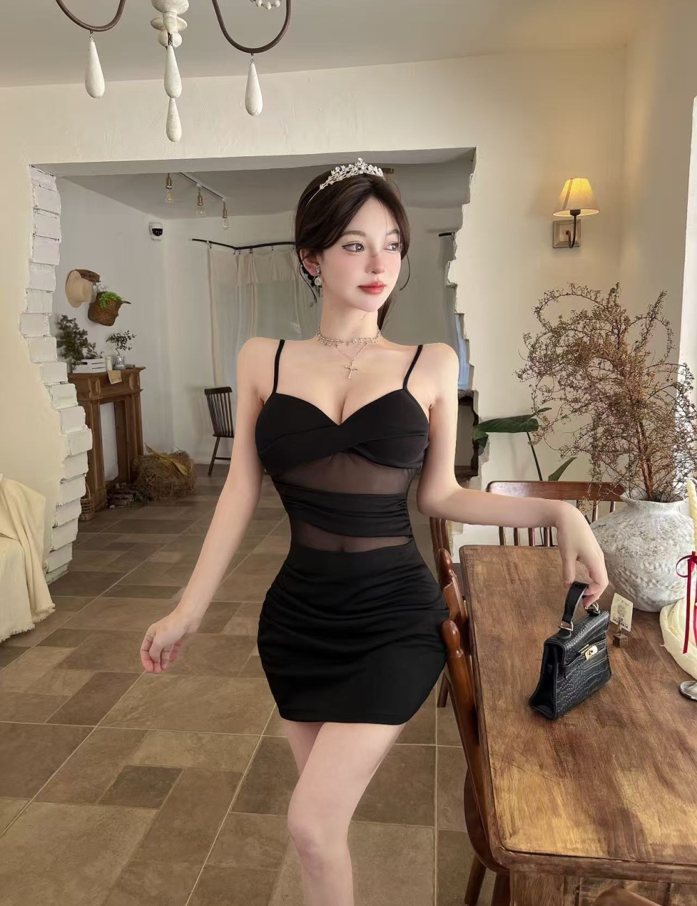 Package hip sling perspective low-cut bottoming short tight dress