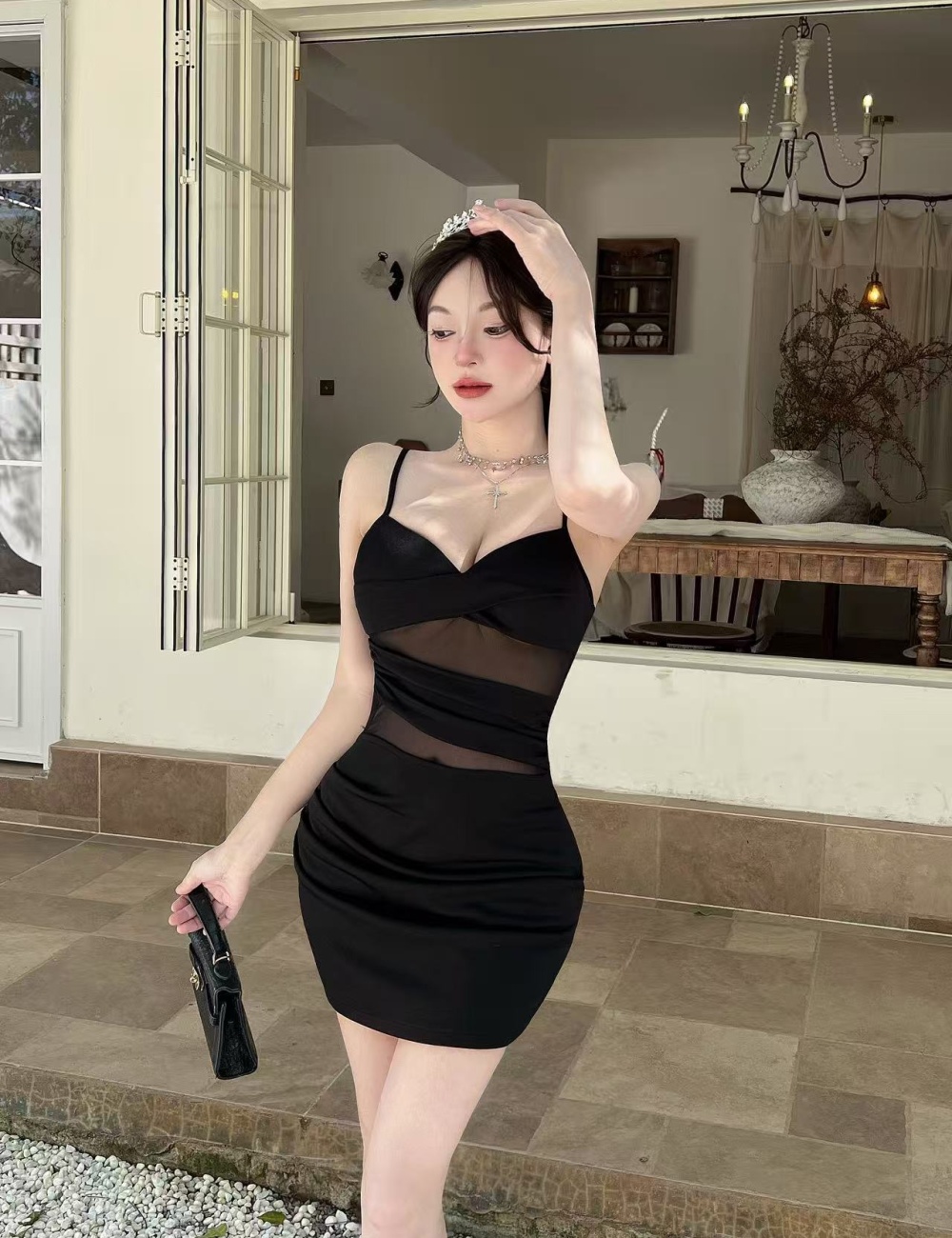 Package hip sling perspective low-cut bottoming short tight dress