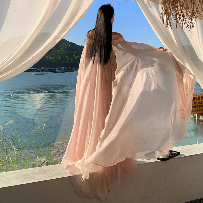 Pinched waist enticement dress flat shoulder long dress