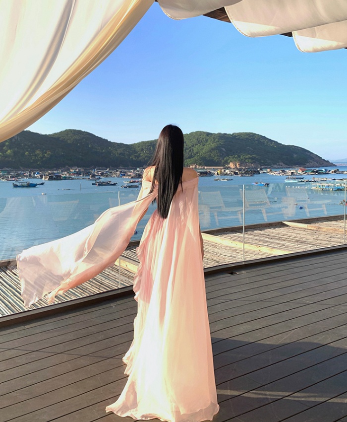 Pinched waist enticement dress flat shoulder long dress