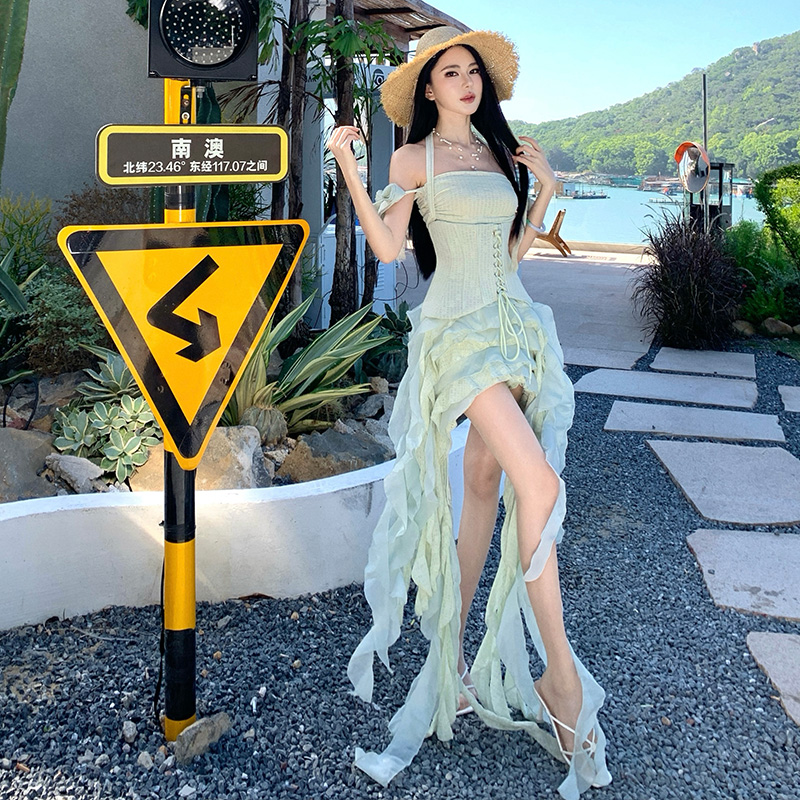 Seaside halter banquet tassels vacation niche sexy dress