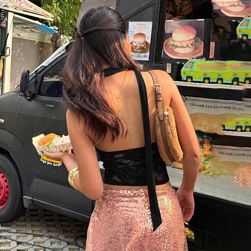 Frenum lace sexy V-neck vest splice halter perspective tops