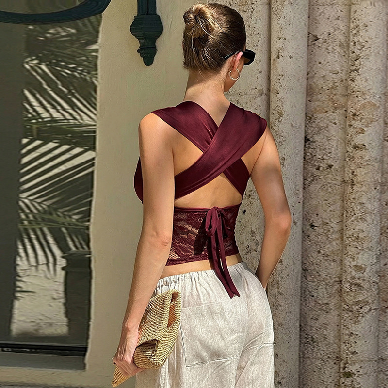 Frenum lace sexy V-neck vest splice halter perspective tops