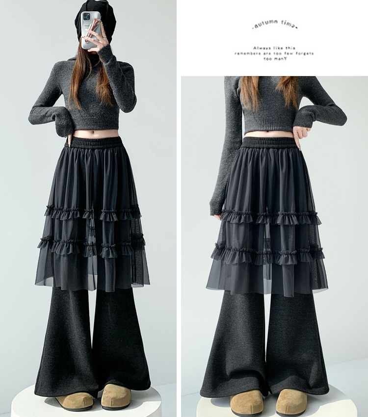 Lace gauze flare pants splice plus velvet pants for women