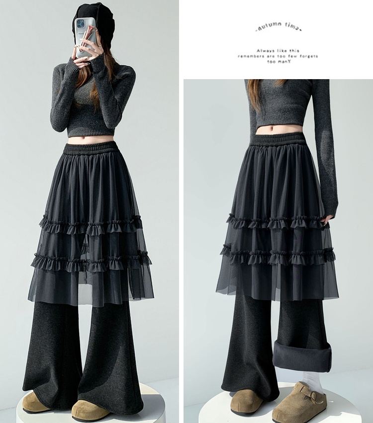 Lace gauze flare pants splice plus velvet pants for women