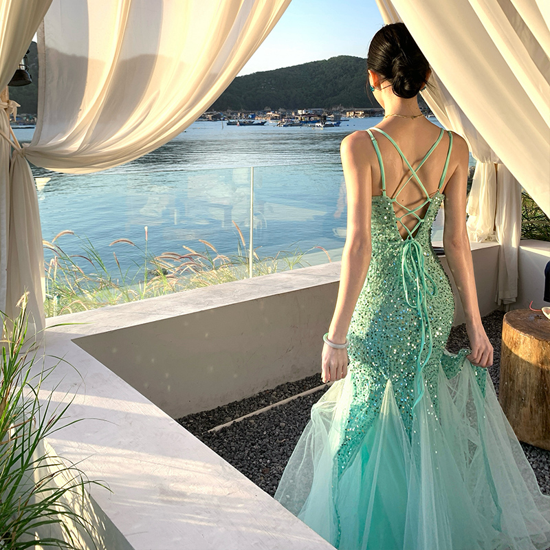 Banquet retro long dress mermaid sequins dress for women