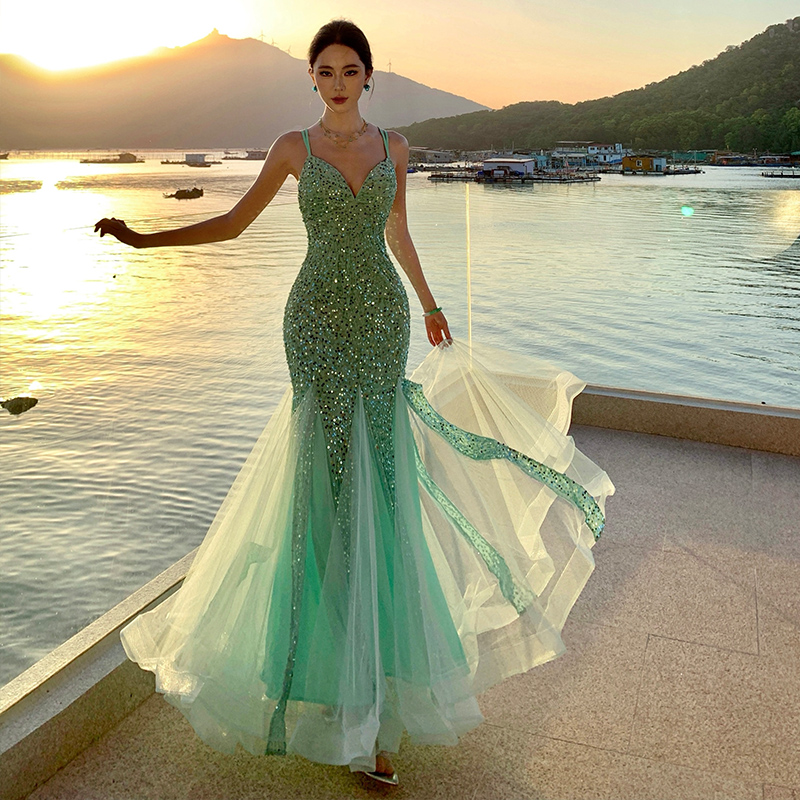 Banquet retro long dress mermaid sequins dress for women