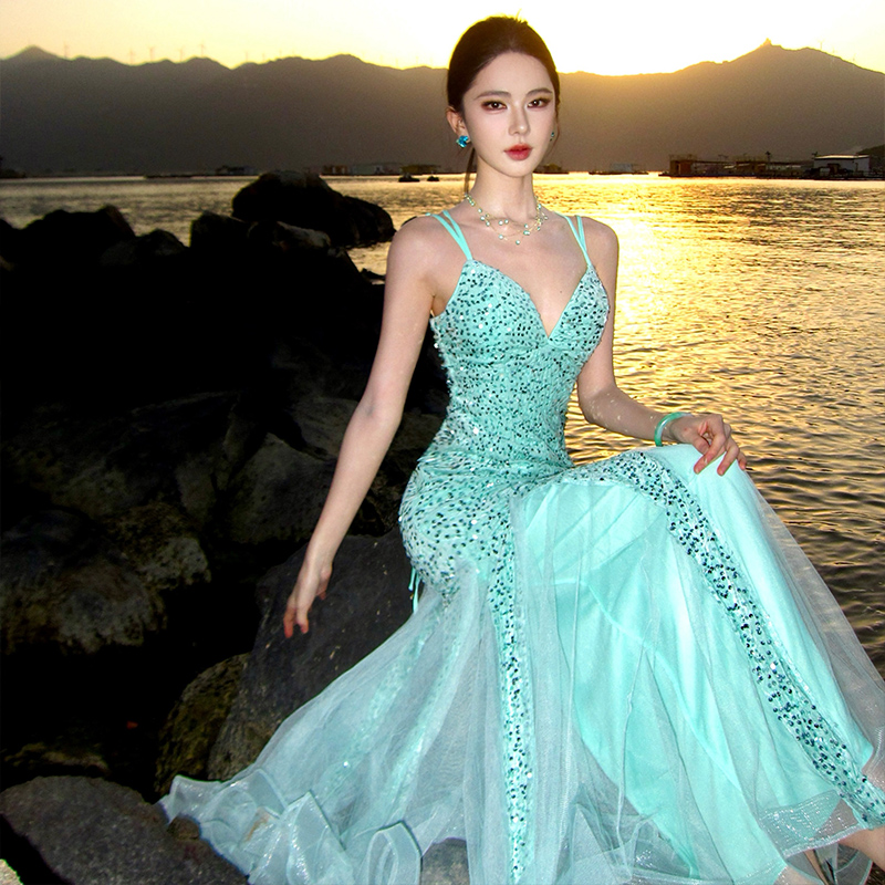 Banquet retro long dress mermaid sequins dress for women