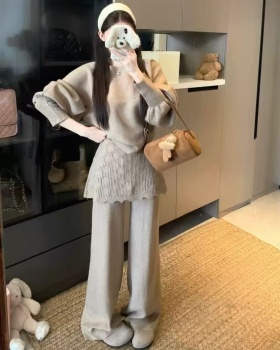 Knitted round neck long pants hook flower sweater 2pcs set