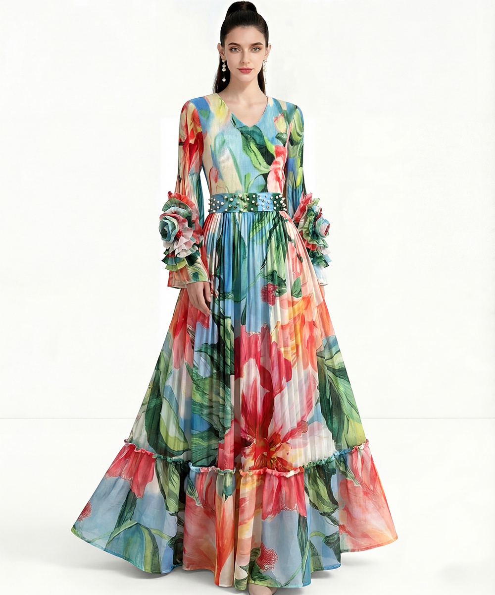 Pleats Please Bohemian beach dress long sleeve dress