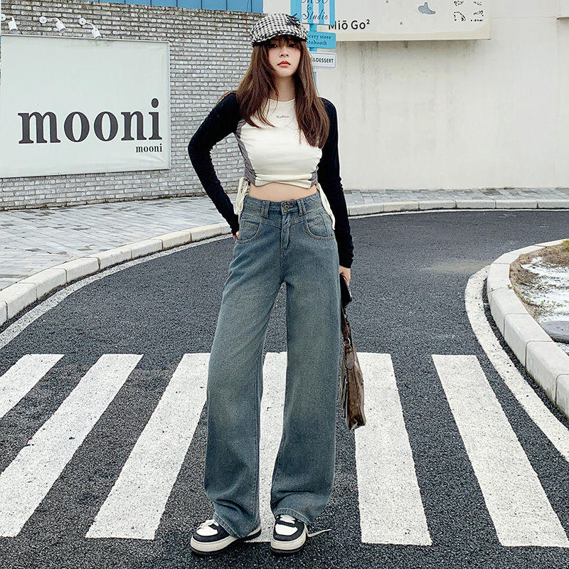 Wide leg high waist pants denim winter long pants