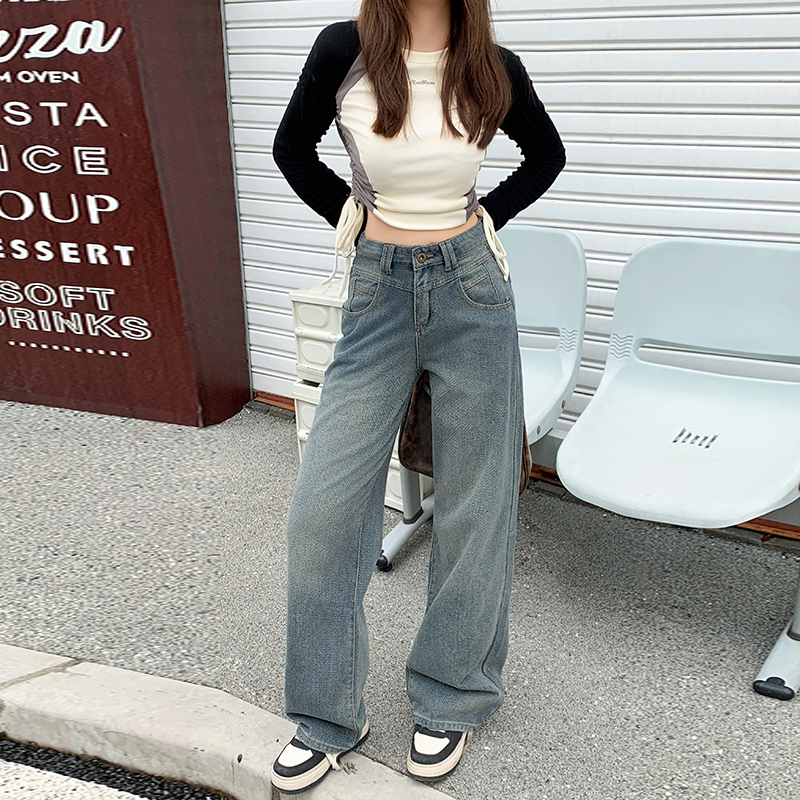Wide leg high waist pants denim winter long pants