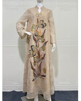 Long sleeve embroidery robe gauze dress
