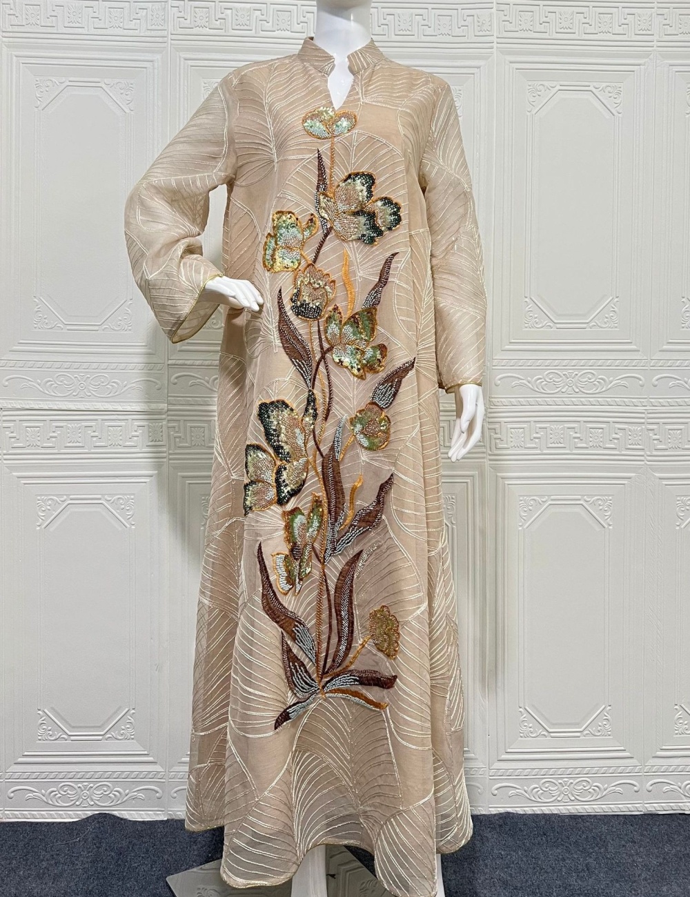 Long sleeve embroidery robe gauze dress