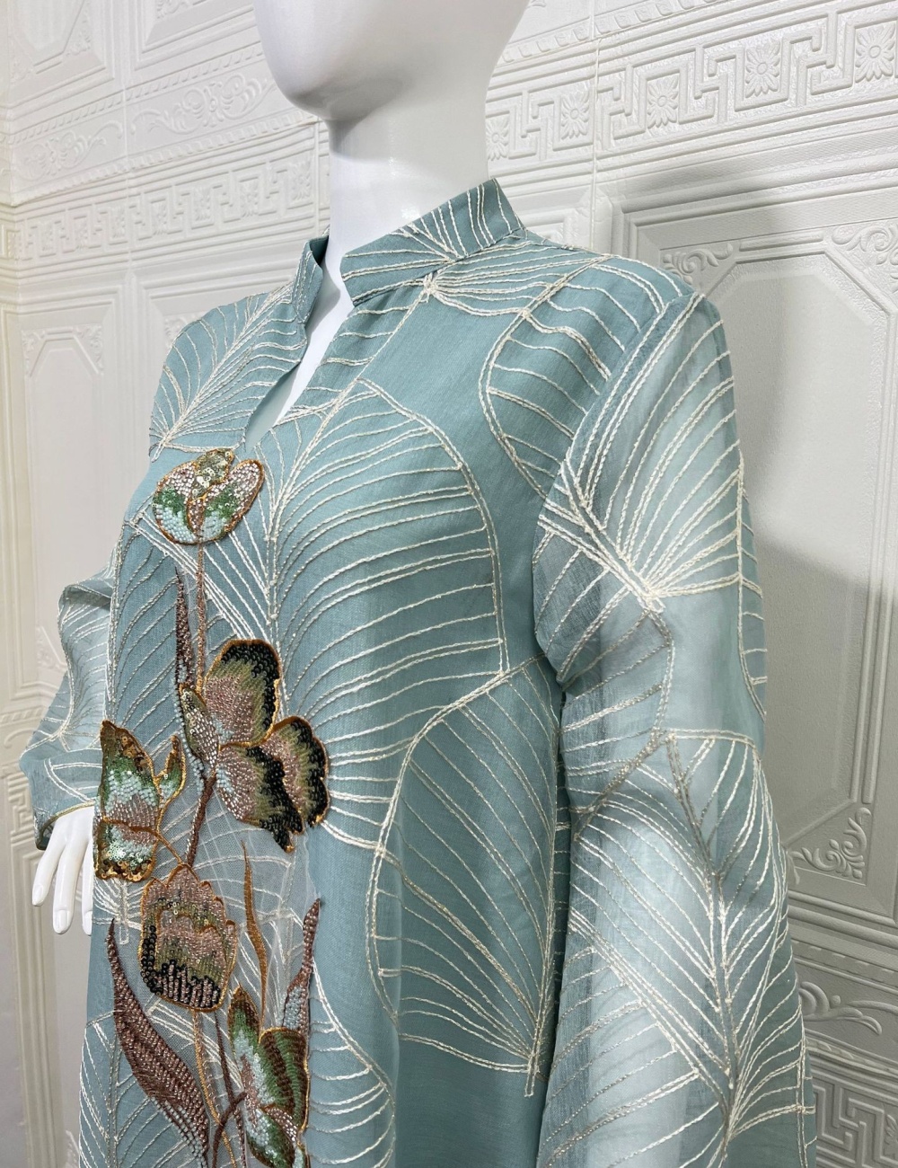 Long sleeve embroidery robe gauze dress