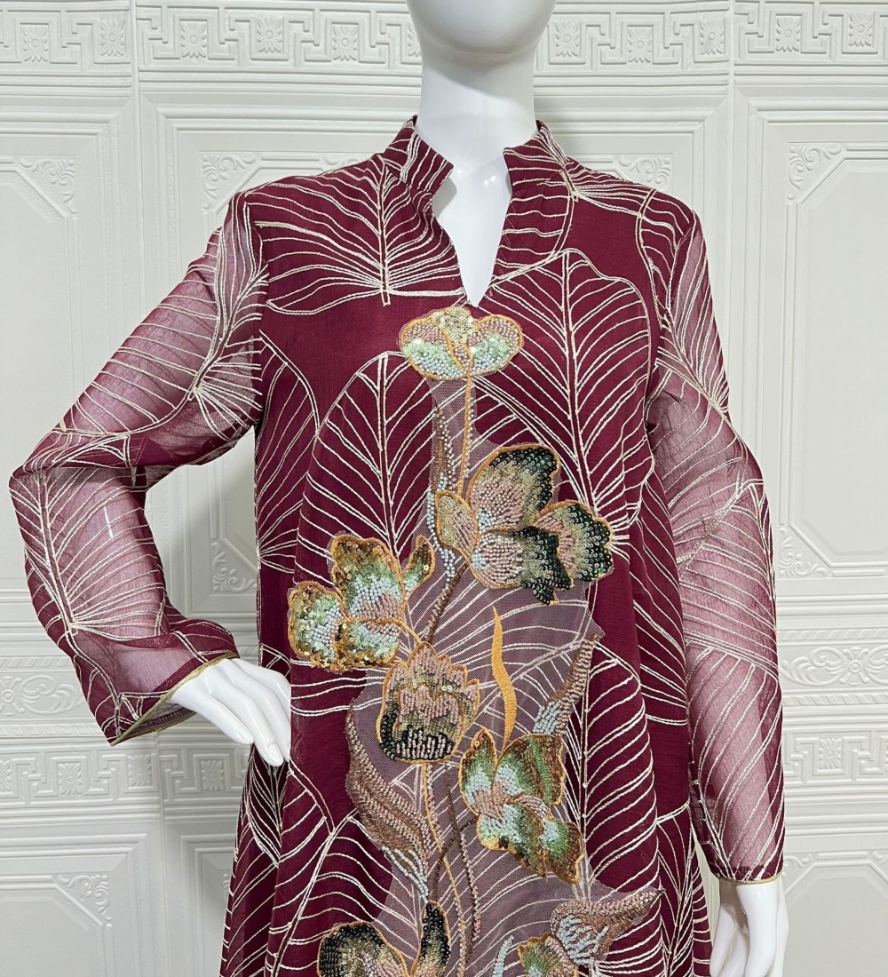 Long sleeve embroidery robe gauze dress