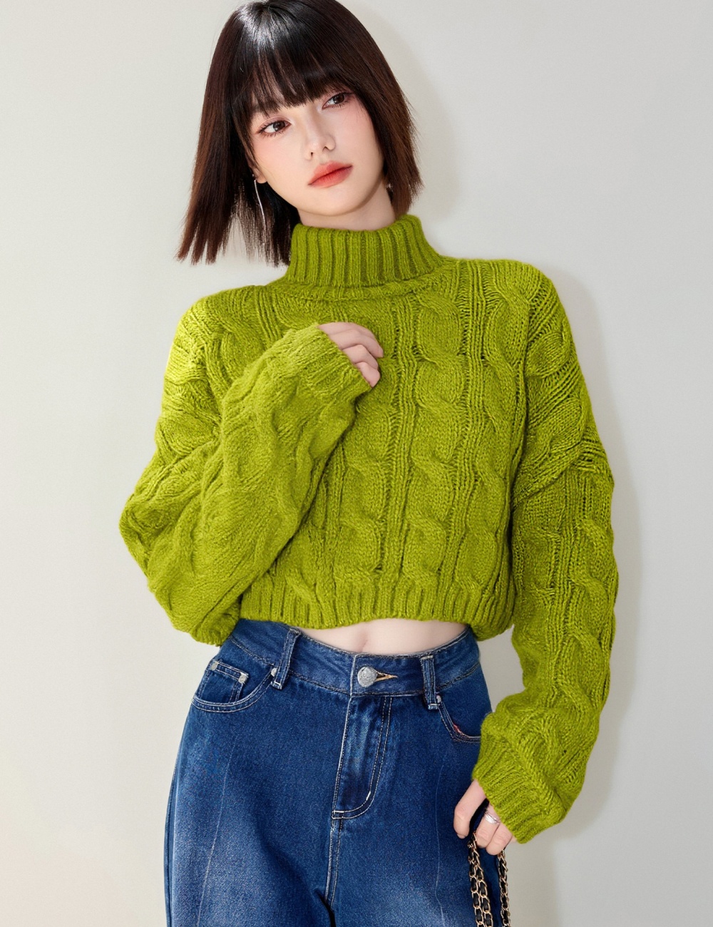 Casual twist knitted half high collar sweater for women