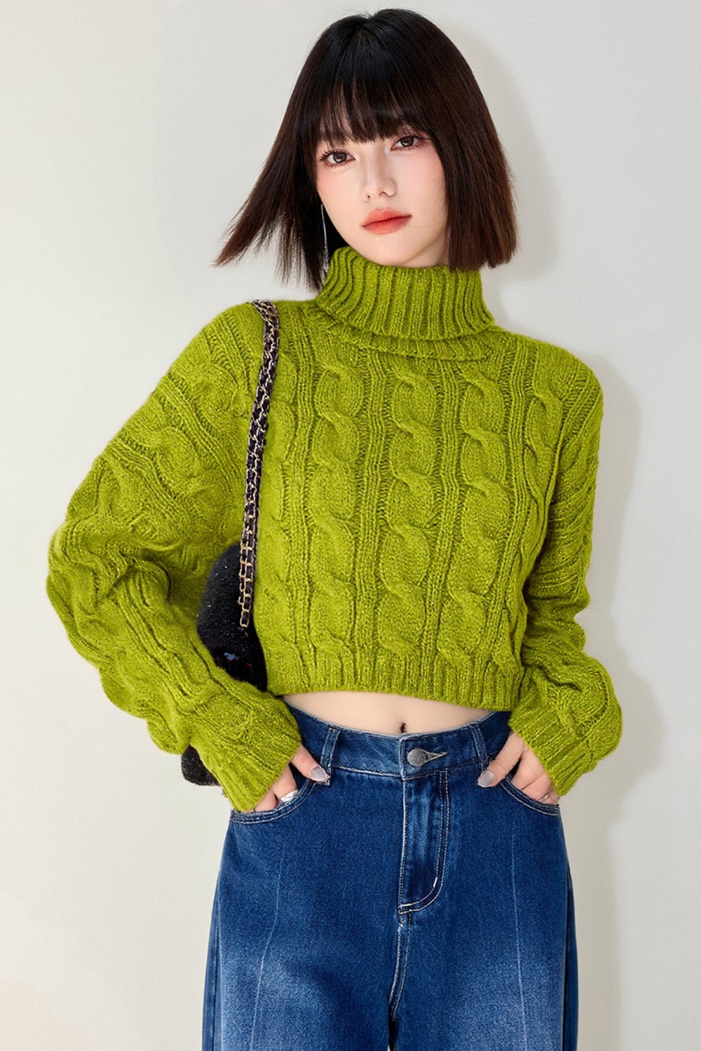 Casual twist knitted half high collar sweater for women