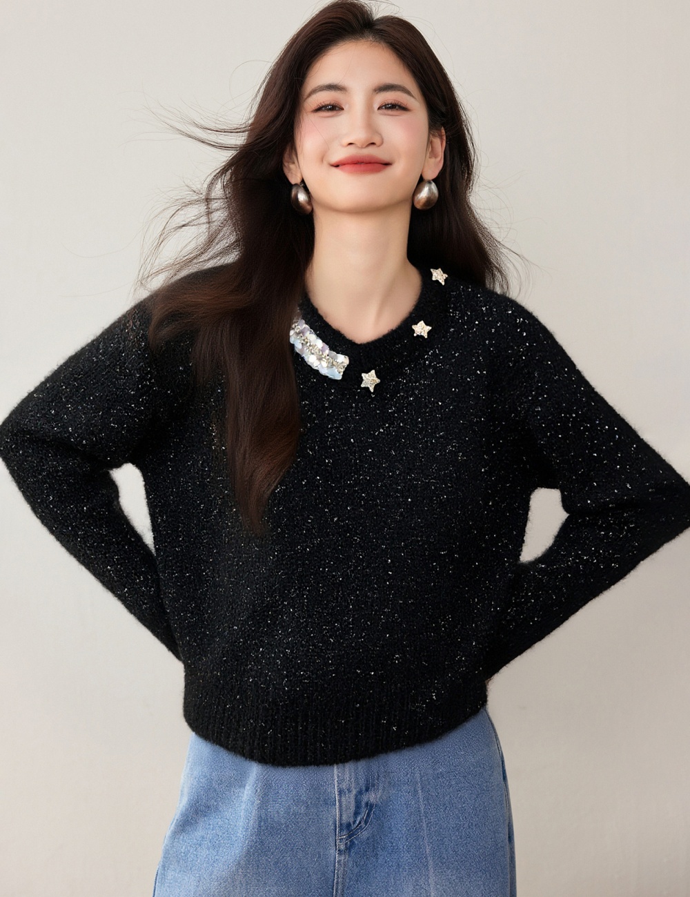 Round neck tops lazy sweater for women