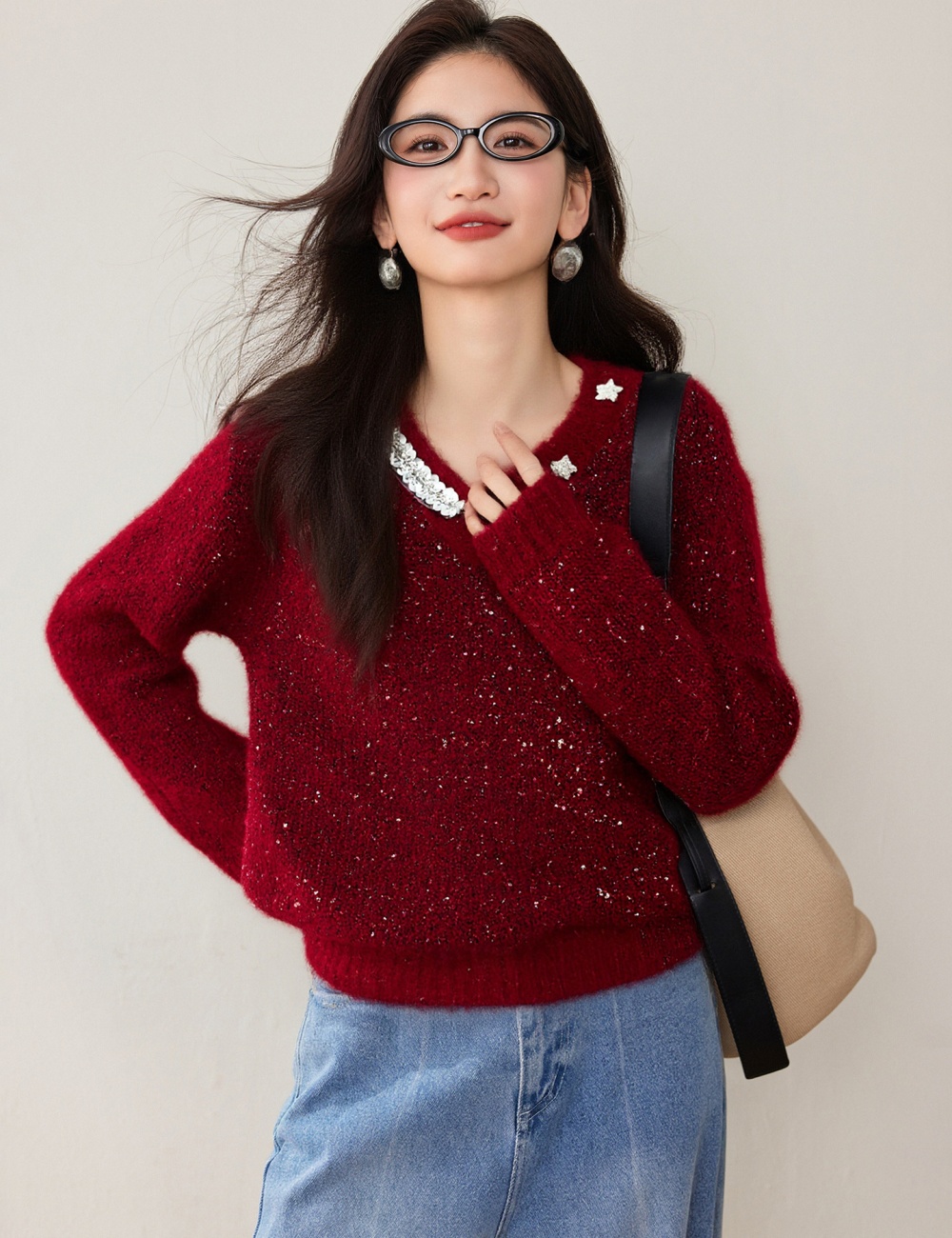 Round neck tops lazy sweater for women