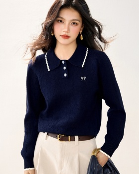 Hollow loose sweet tops bow lapel embroidery sweater
