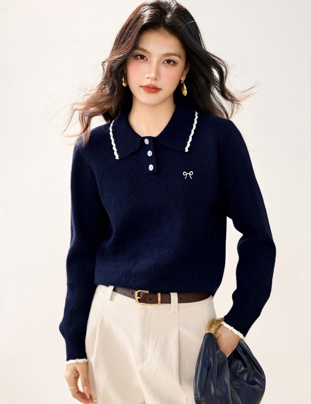 Hollow loose sweet tops bow lapel embroidery sweater