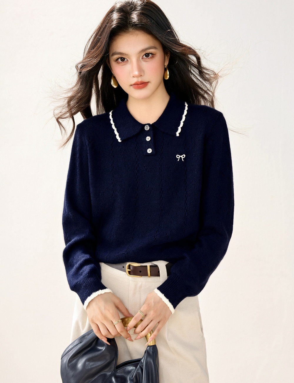 Hollow loose sweet tops bow lapel embroidery sweater