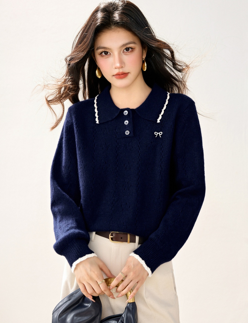 Hollow loose sweet tops bow lapel embroidery sweater
