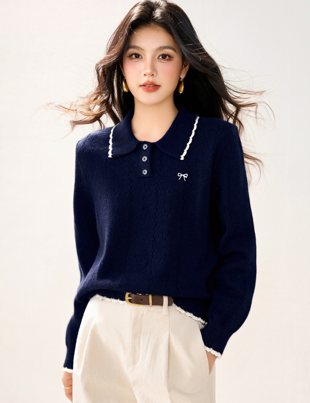 Hollow loose sweet tops bow lapel embroidery sweater