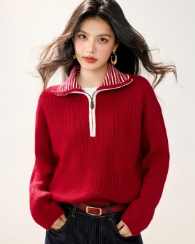 Mixed colors loose slim tops stripe half zip lapel sweater