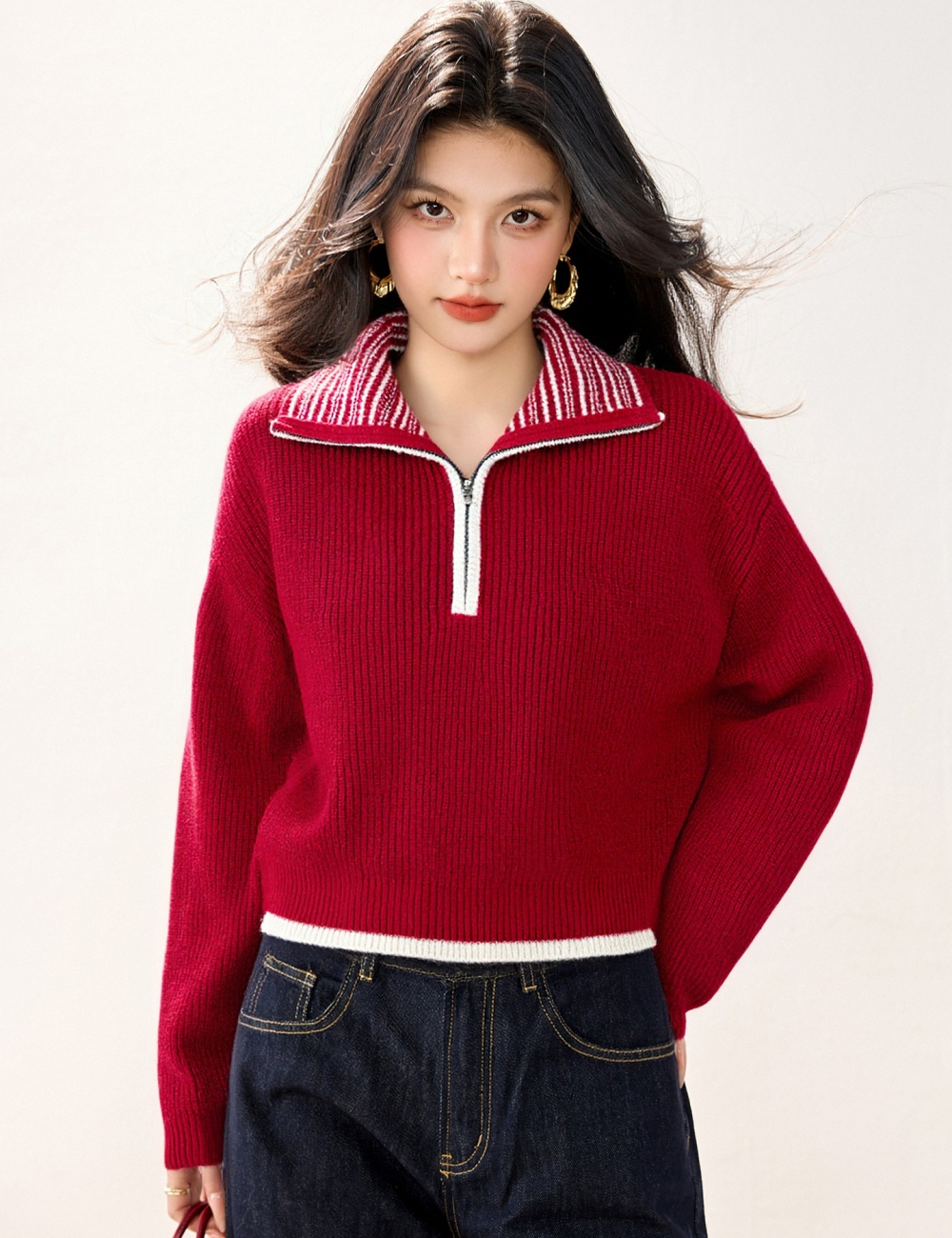 Mixed colors loose slim tops stripe half zip lapel sweater