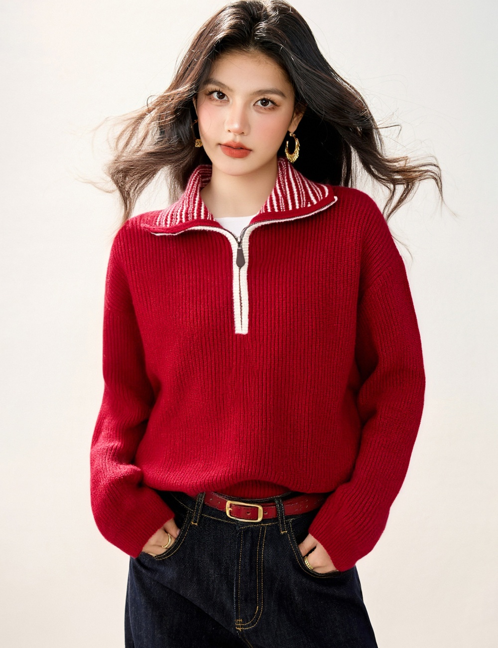 Mixed colors loose slim tops stripe half zip lapel sweater