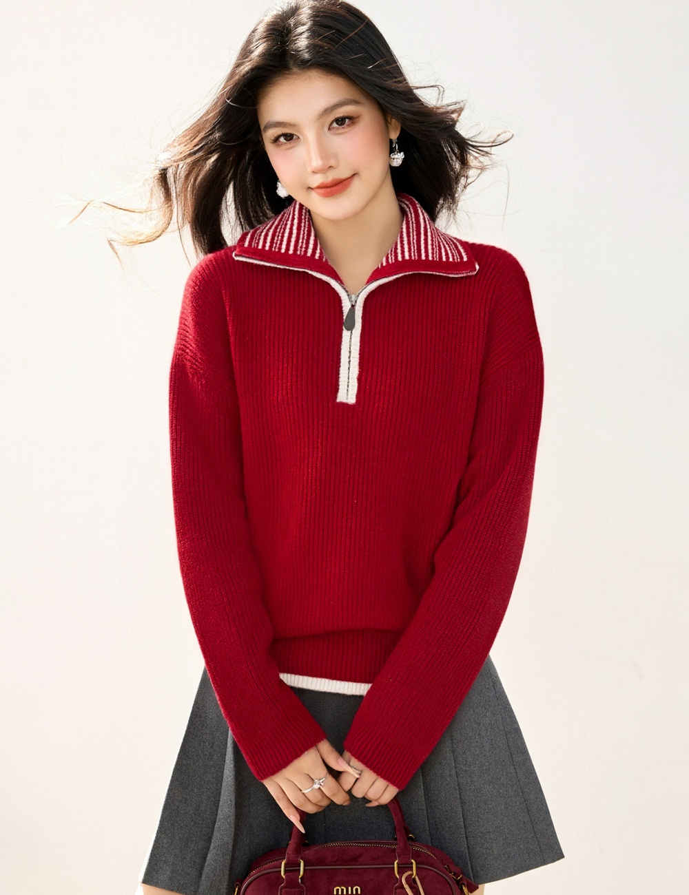 Mixed colors loose slim tops stripe half zip lapel sweater