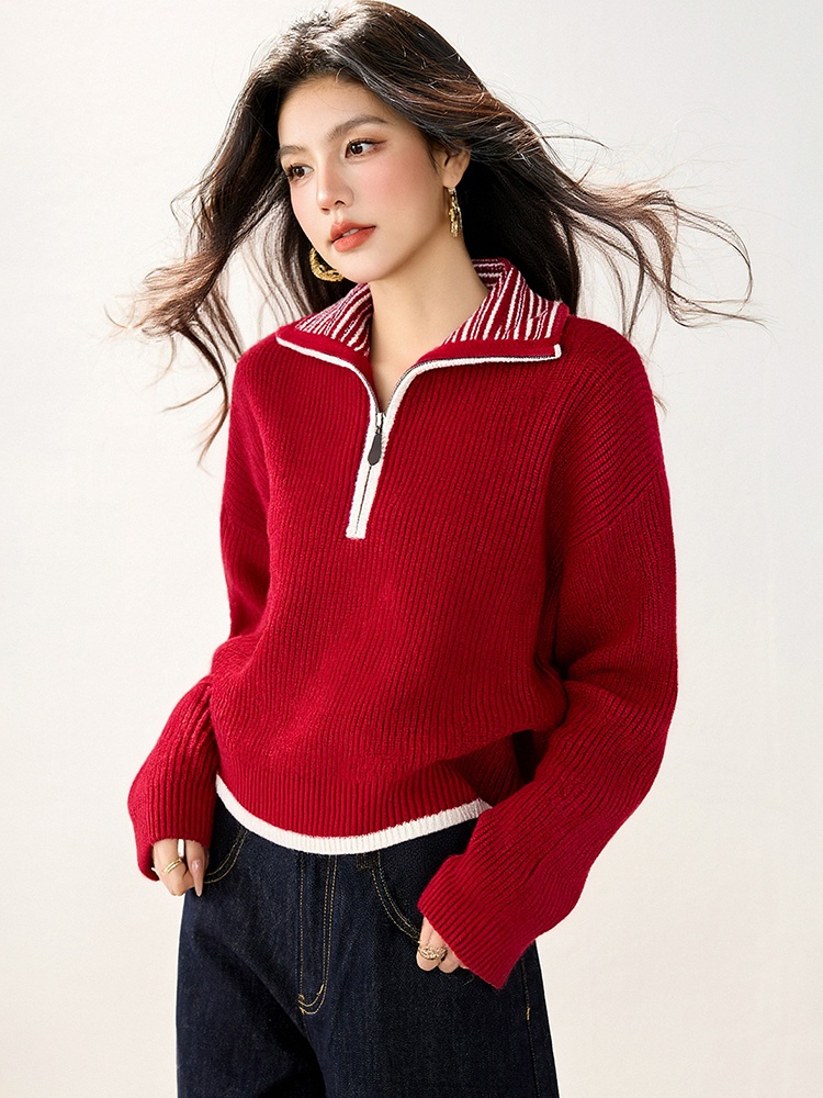 Mixed colors loose slim tops stripe half zip lapel sweater