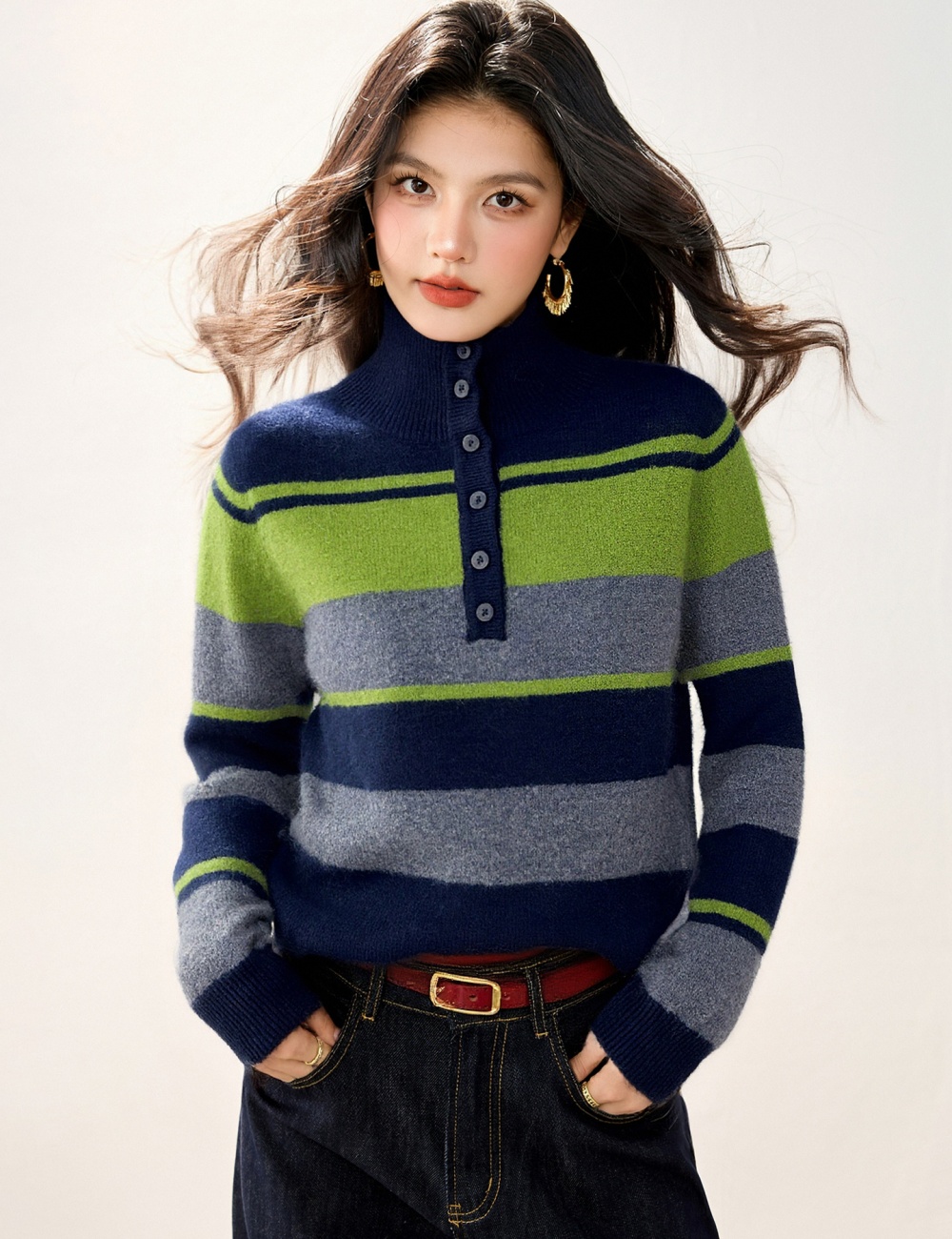 Stripe autumn and winter tops all-match sweater for women