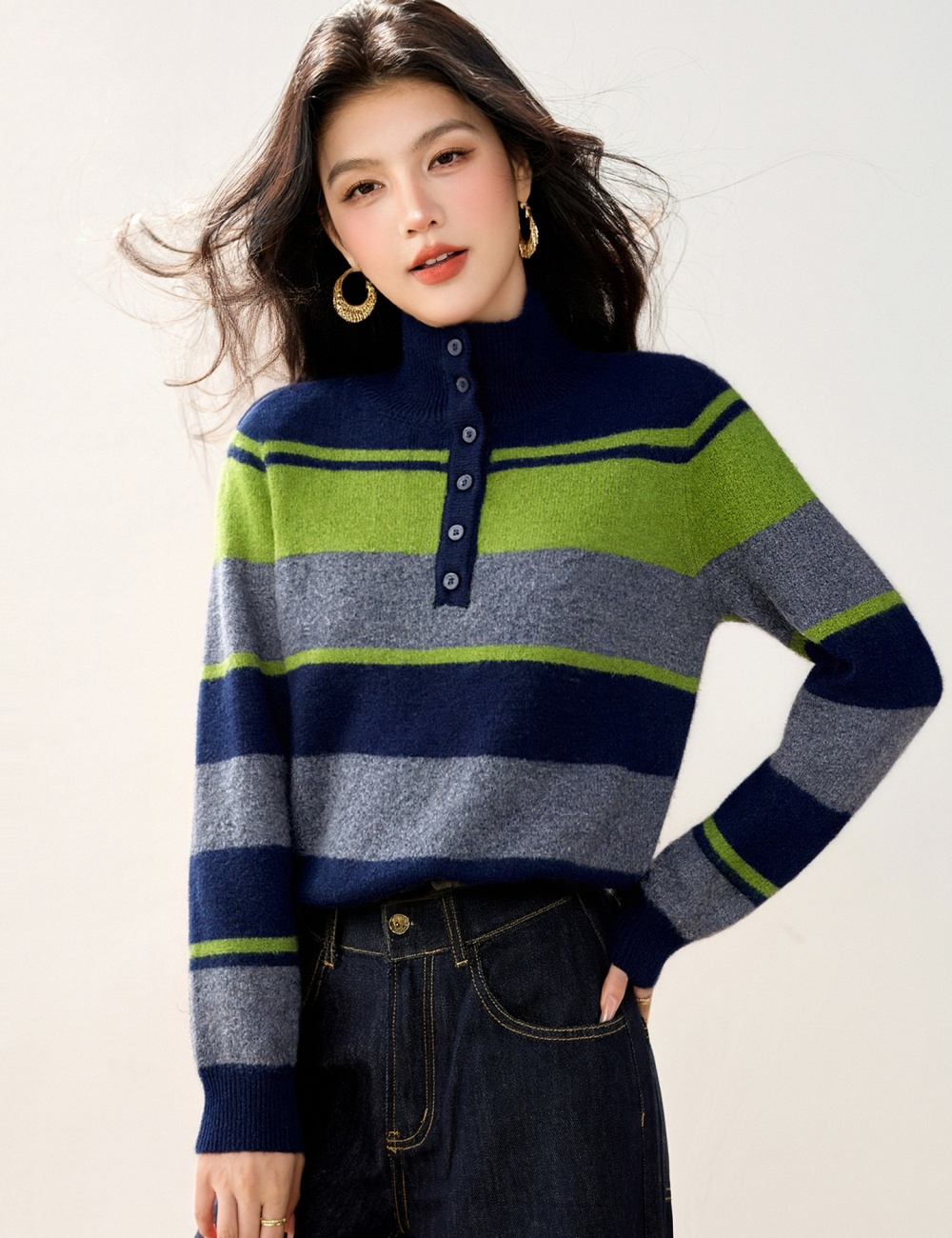 Stripe autumn and winter tops all-match sweater for women